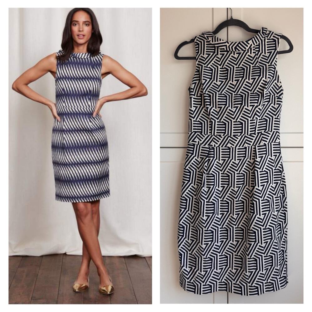 Boden Martha Dress Size6 Navy White Geometric Print Sheath Rolled Collar Lined